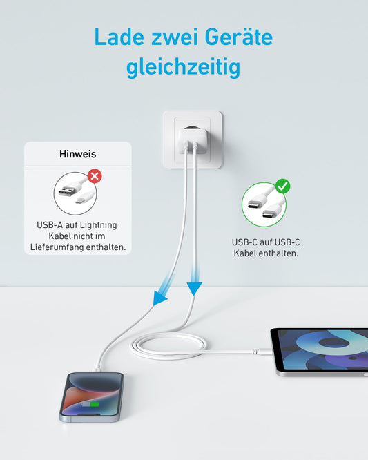 Anker 20W USB C Ladegerät, iPad Netzteil, USB-Schnellladenetzteil, iPad Ladegerät, Kompatibel mit iPhone 16/15/iPhone 15 Plus/iPhone 15 Pro/iPhone 15 Pro Max/iPad und mehr (mit 150cm USB-C Kabel)