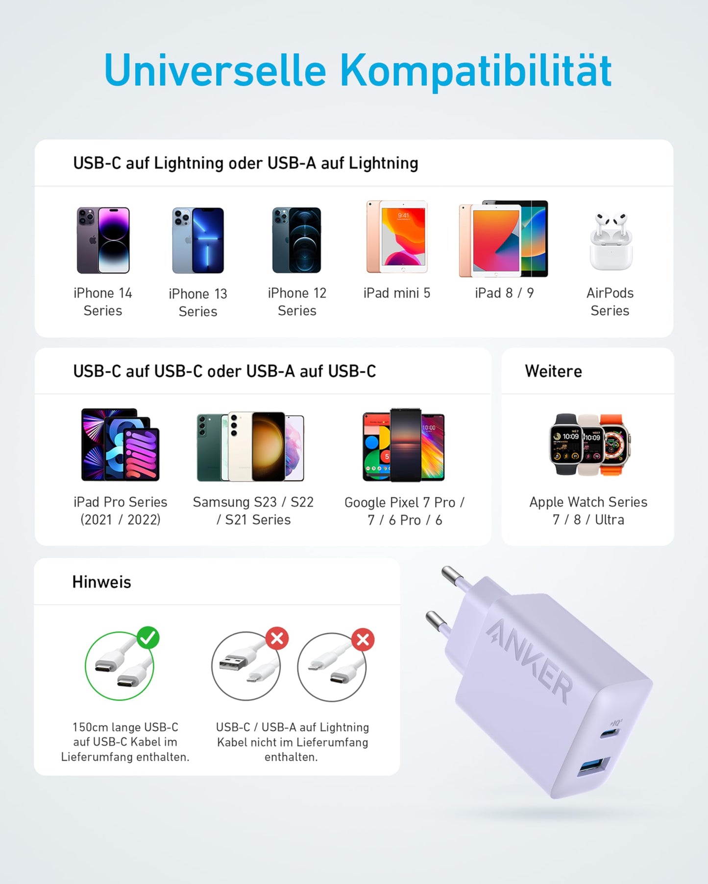 Anker 20W USB C Ladegerät, iPad Netzteil, USB-Schnellladenetzteil, iPad Ladegerät, Kompatibel mit iPhone 16/15/iPhone 15 Plus/iPhone 15 Pro/iPhone 15 Pro Max/iPad und mehr (mit 150cm USB-C Kabel)