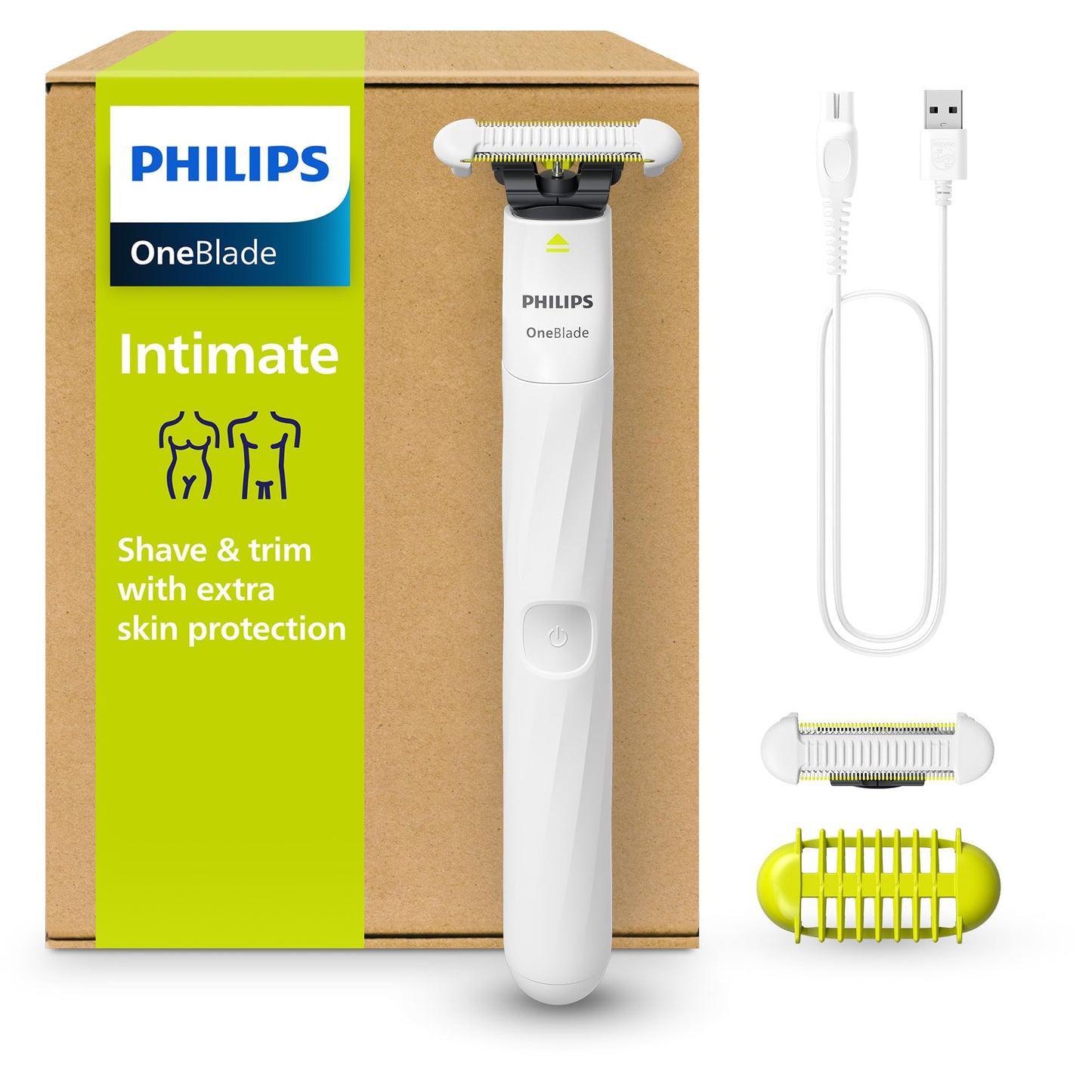 Philips OneBlade Intimate - Elektrischer Intimrasierer und Intimtrimmer für Männer und Frauen, mit extra Hautschutz, 2x SkinProtect Klingen, 1x 3-mm-Trimmaufsatz, QP1924/30, Weiß