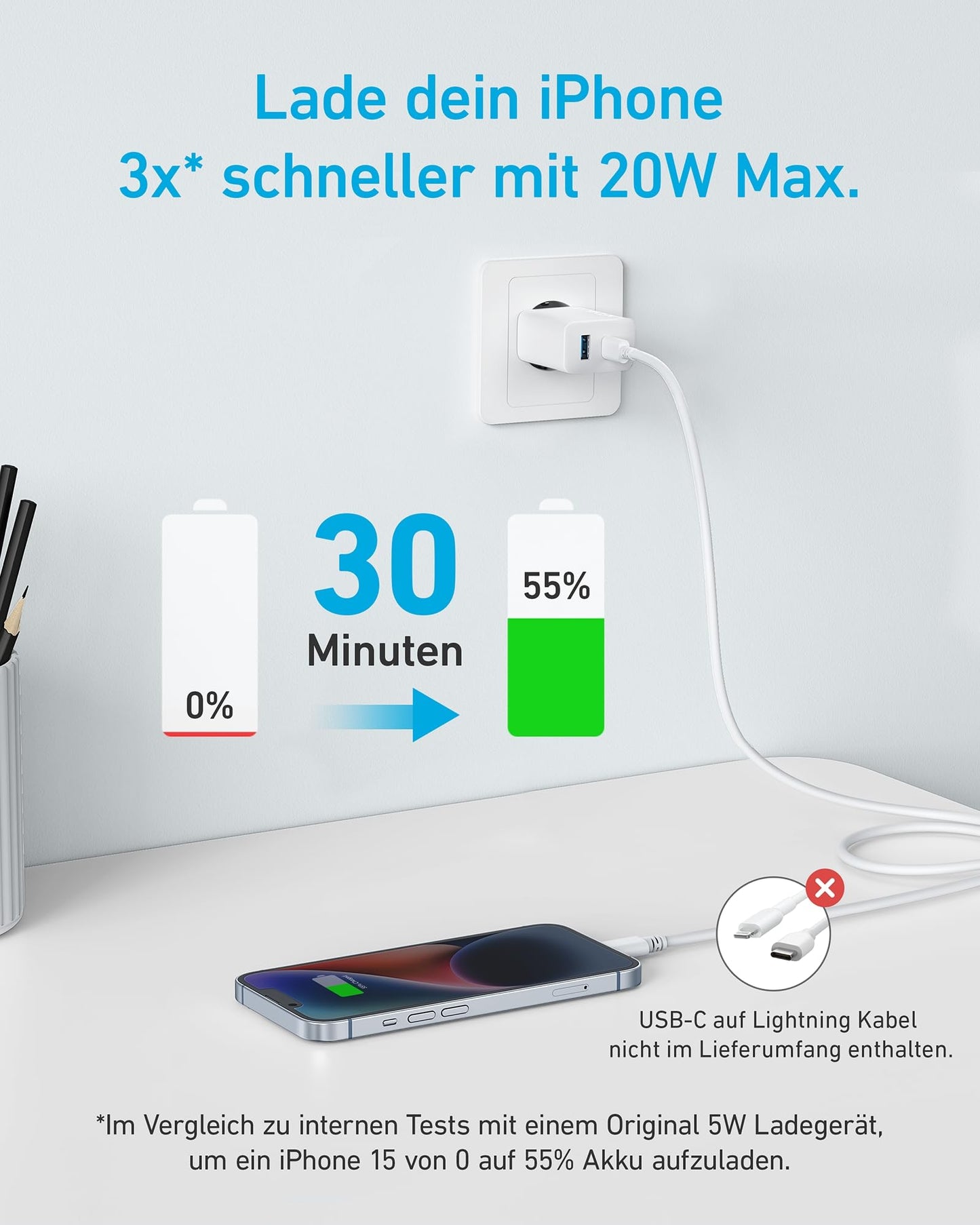 Anker 20W USB C Ladegerät, iPad Netzteil, USB-Schnellladenetzteil, iPad Ladegerät, Kompatibel mit iPhone 16/15/iPhone 15 Plus/iPhone 15 Pro/iPhone 15 Pro Max/iPad und mehr (mit 150cm USB-C Kabel)