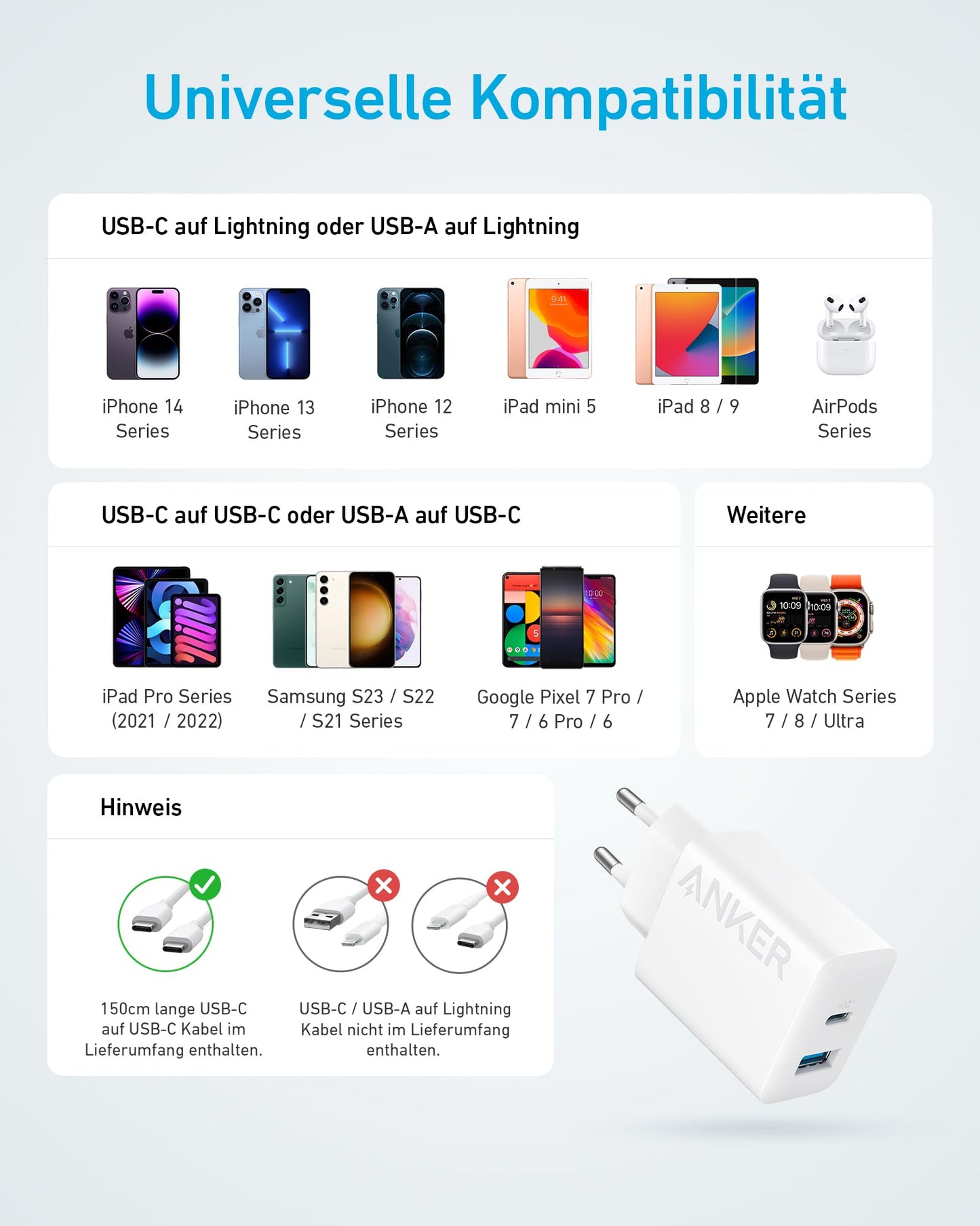 Anker 20W USB C Ladegerät, iPad Netzteil, USB-Schnellladenetzteil, iPad Ladegerät, Kompatibel mit iPhone 16/15/iPhone 15 Plus/iPhone 15 Pro/iPhone 15 Pro Max/iPad und mehr (mit 150cm USB-C Kabel)