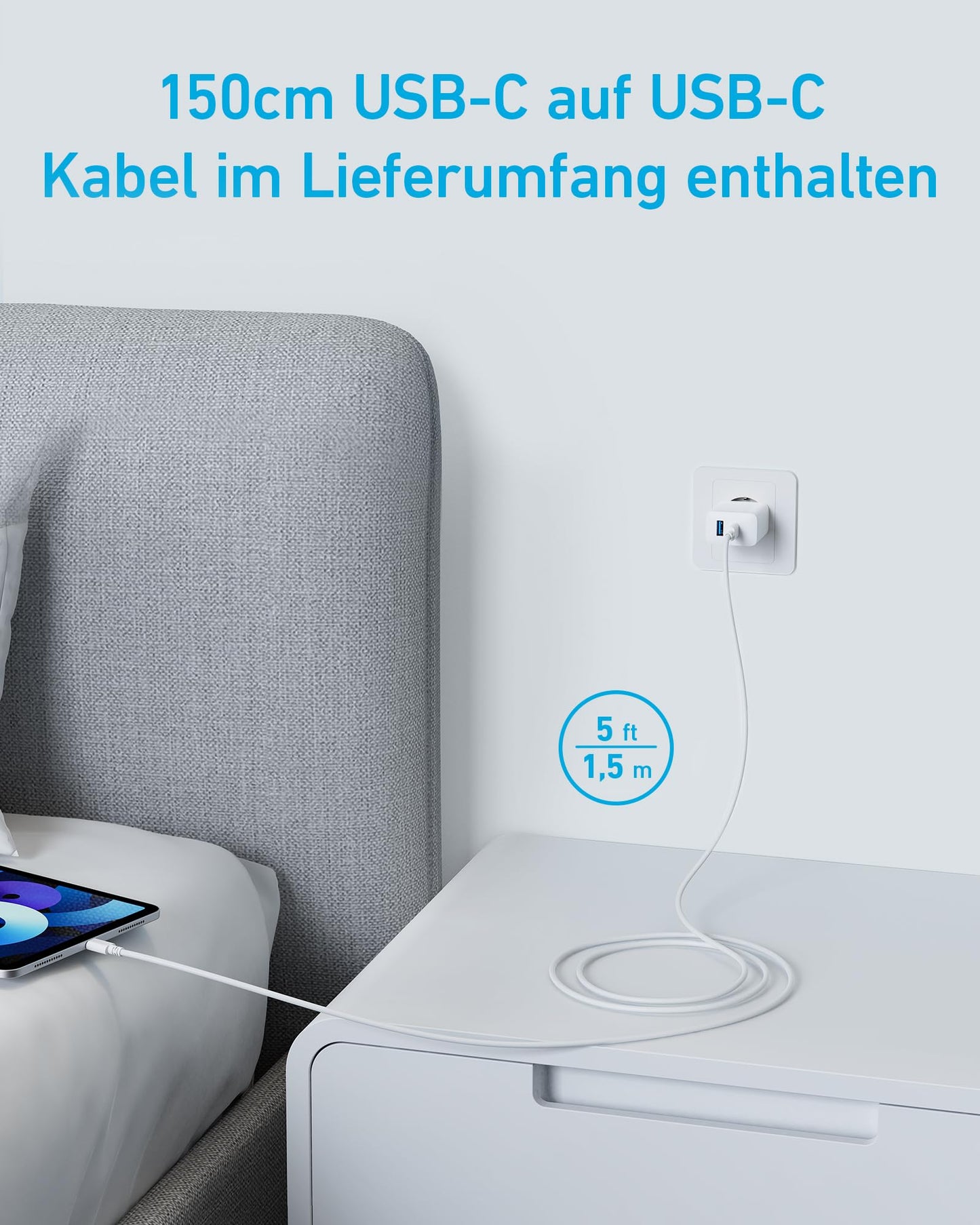 Anker 20W USB C Ladegerät, iPad Netzteil, USB-Schnellladenetzteil, iPad Ladegerät, Kompatibel mit iPhone 16/15/iPhone 15 Plus/iPhone 15 Pro/iPhone 15 Pro Max/iPad und mehr (mit 150cm USB-C Kabel)