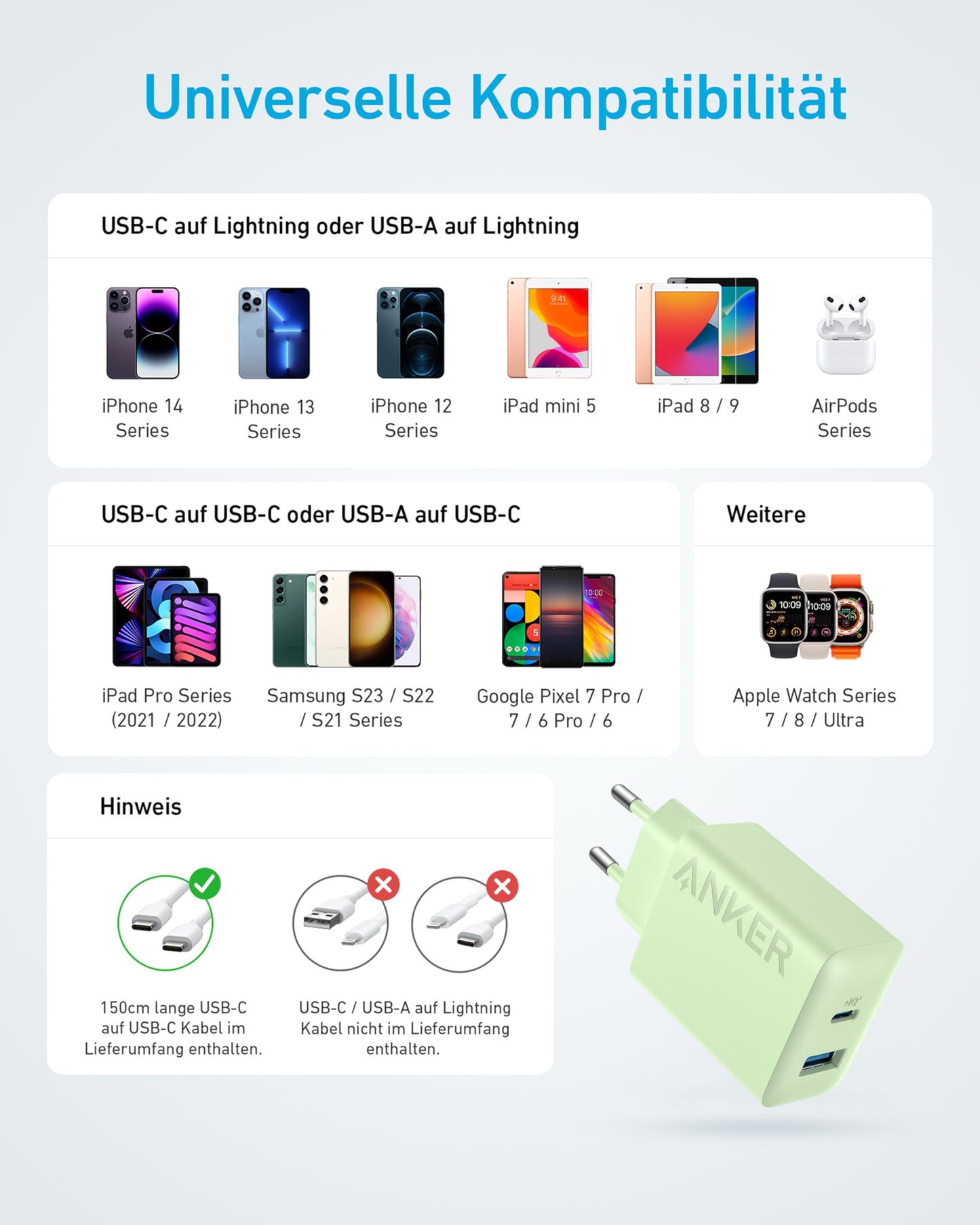 Anker 20W USB C Ladegerät, iPad Netzteil, USB-Schnellladenetzteil, iPad Ladegerät, Kompatibel mit iPhone 16/15/iPhone 15 Plus/iPhone 15 Pro/iPhone 15 Pro Max/iPad und mehr (mit 150cm USB-C Kabel)