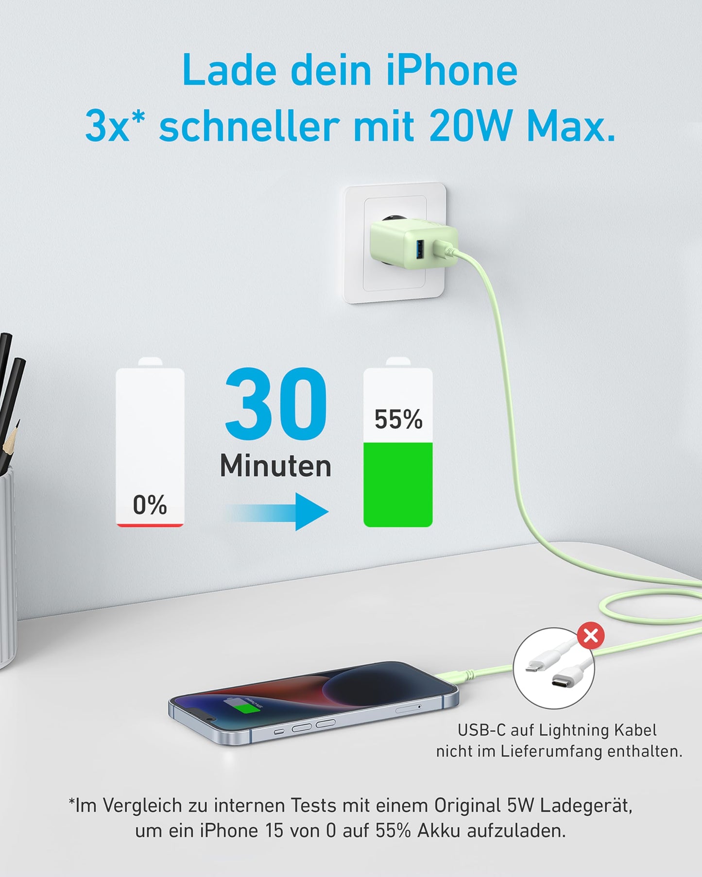 Anker 20W USB C Ladegerät, iPad Netzteil, USB-Schnellladenetzteil, iPad Ladegerät, Kompatibel mit iPhone 16/15/iPhone 15 Plus/iPhone 15 Pro/iPhone 15 Pro Max/iPad und mehr (mit 150cm USB-C Kabel)
